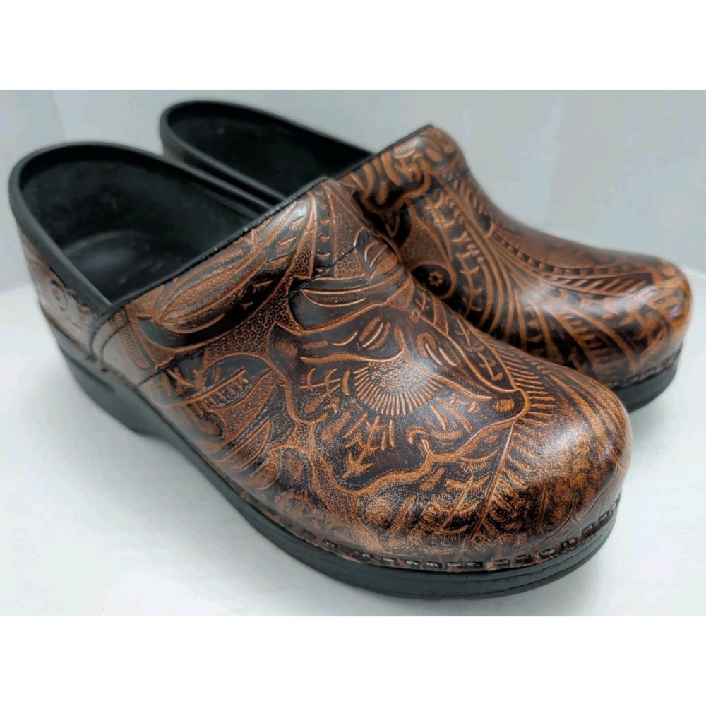 Dansko Brown Leather Clogs Tooled Floral Textured Women's EU 37 US 6.5-7